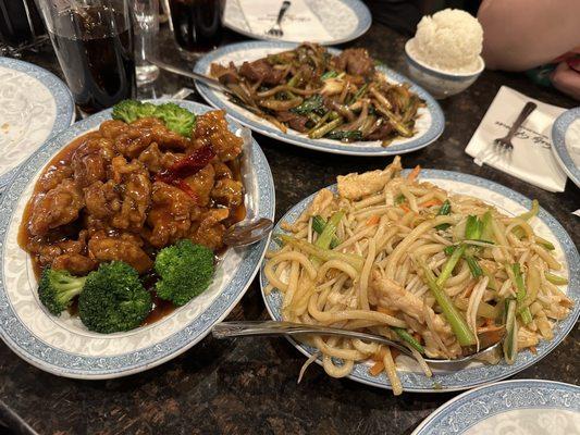 C5. Orange Flavor Chicken, 93. Mongolian Beef, and 25. Chicken Udon