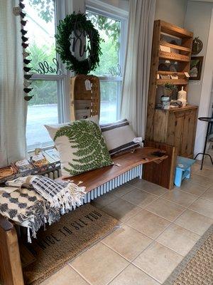 Handmade bench made from cherry log and legs are walnut.