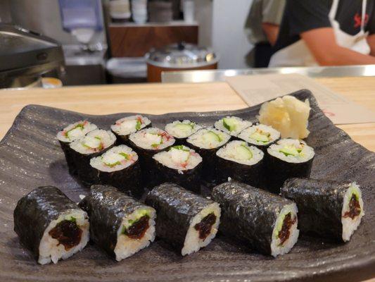 All the veggies- kanpyo (back left), cucumber (back right), & pickled plum yam (front)