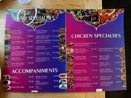 Lamb and Chicken Menu