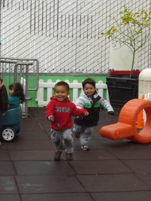 Child development centers include outdoor play areas for toddlers and preschoolers