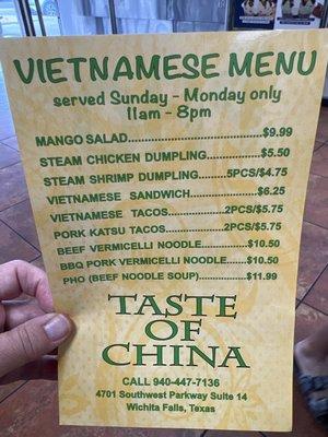 Vietnamese Menu - served on Sunday and Monday