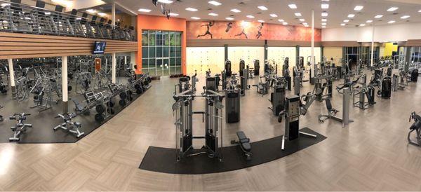 Free weights, strength training equipment, racquetball courts, basketball court, and aerobics studio.