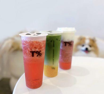 Strawberry Green Tea, Mango Matcha Latte, Kyoto Grape w/ green tea, cheese foam, req no tea jelly | $6.45 each