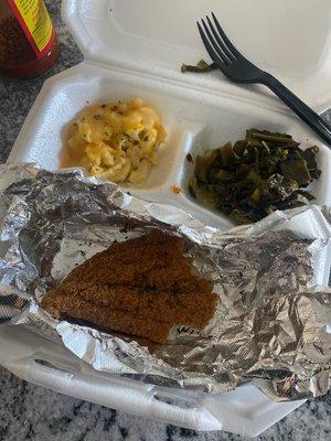 Halfway finished fried fish, Mac, & greens