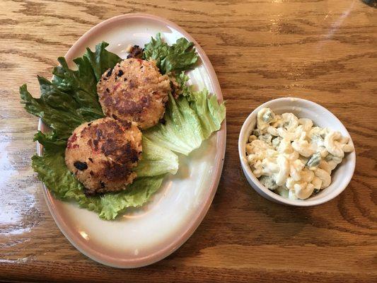 Crab cakes with a side of macaroni salad ($14.99)