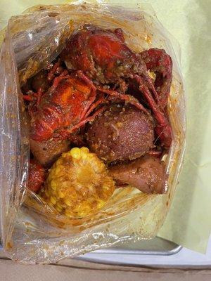 Crawfish, corn, sausage, potatoes before the first taste.