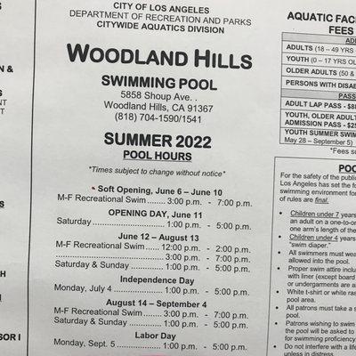 Pool hours for Summer 2022