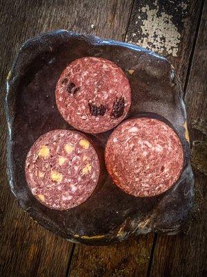 cranberry, cheddar and elk summer sausage. love how cheesey the cheese one is