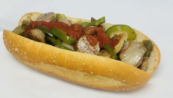 Sausage and peppers Hero with red sauce