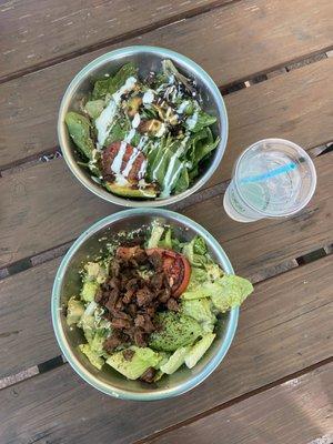 top: Grilled Avocado Salad, bottom: Chimichurri Steak Salad