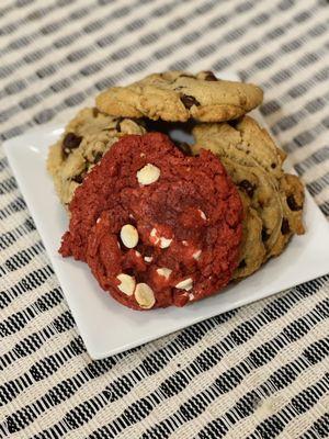 Red velvet with white chocolate, snickerdoodle, chocolate chip, & chocolate chip with pecans & pretzels