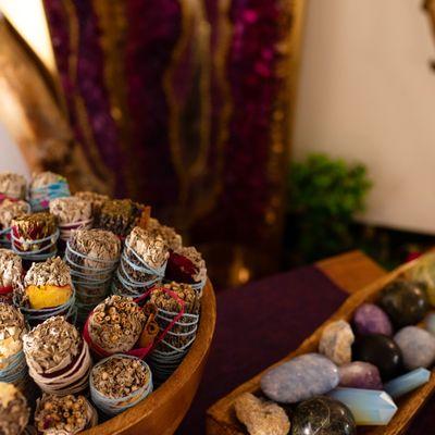 Handmade sage bundles and crystal assortment