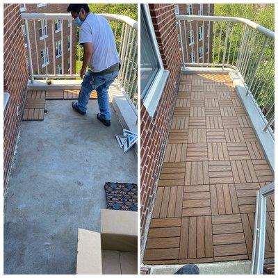 Outside deck floating tiles installation.