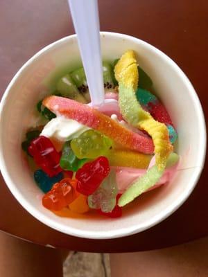 Original Tart and Raspberry Pomegranate Frozen Yogurt with Kiwi, Gummy Bears, and Sour Worms.