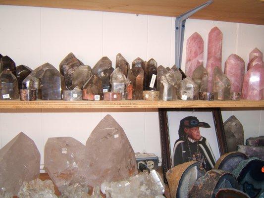 Brazilian quartz points and rose quartz obelisks.