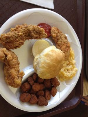 Chicken fingers weren't so special. Okra wasn't good. Mac n Chees was decent. The biscuit was the best!