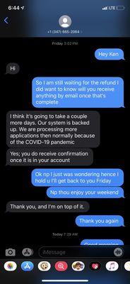 Text messages with this realty agent in regards to my refund