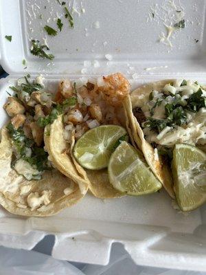 Tacos Chicken, shrimp, barbacoa.