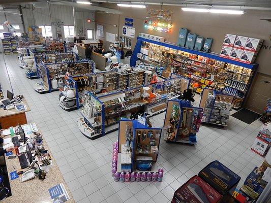 Overhead view of the parts and accessories department