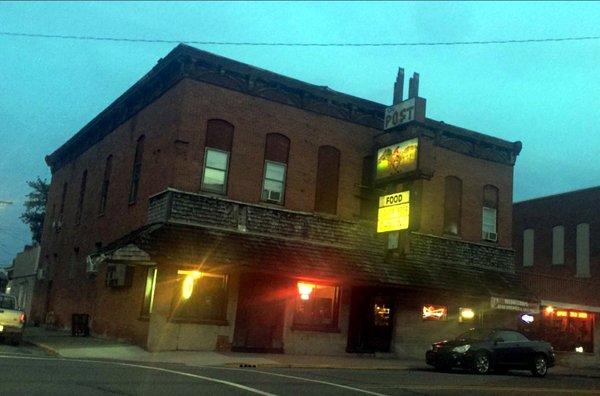 Outside view of building in the evening.