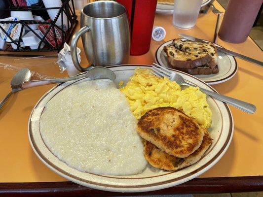 Crab Salmon Cakes, grits and eggs