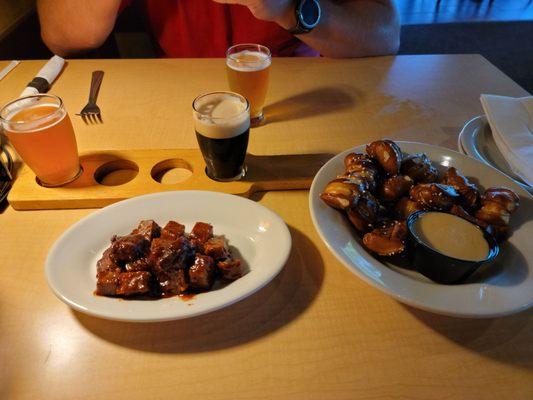 Burnt ends, Prerzels and cheese, beer flight