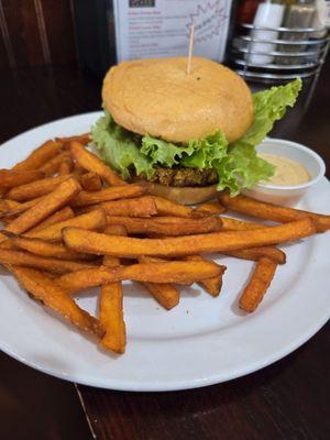 Veggie burger, excellent with a side of sweet potato fries