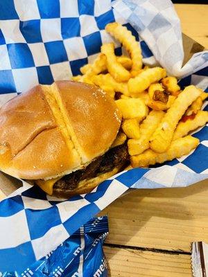 Okie onion burger and crinkle fries