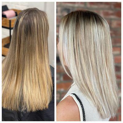 Before and after foilyage color correction hair cut and conditioning treatment by color and blonde specialist Anya @anya.does.hair