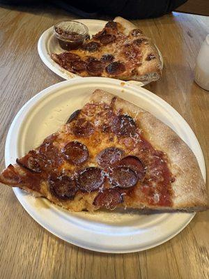 Two slices of pepperoni, one with hot honey and one with chili oil.