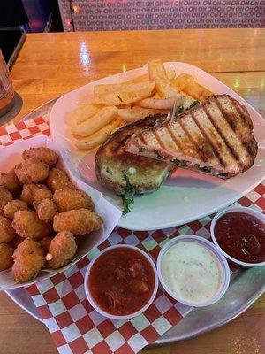 Beer Battered Wisconsin Cheese Curds, Avocado Veggie Panini & Fries