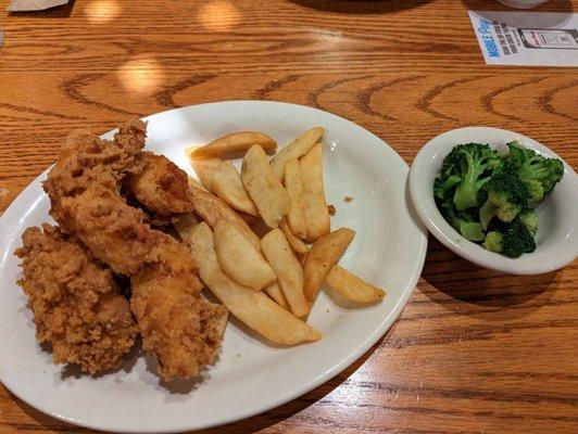 Fish Fry Friday Meal, $13.99 prior to tax. Shown with steak fries and broccoli for choice of sides