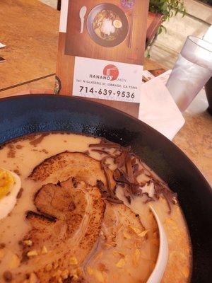 Hanano tonkatsu with thick noodles. Chashu.bsoft boiled egg. Mushroom and garlic.