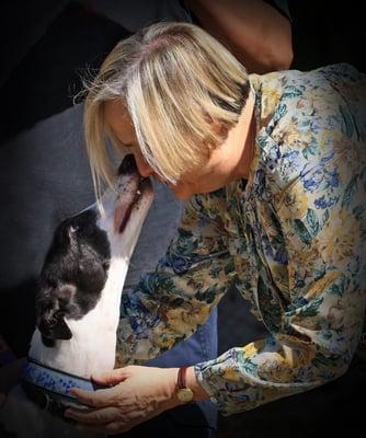 Dr. Dodds and one of Hemopet's Greyhounds.