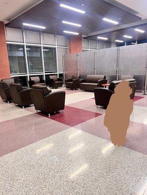 The completely empty lobby when I arrived. (the person I was with has been blurred to protect their privacy)