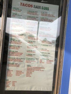 Menu as of August 2021