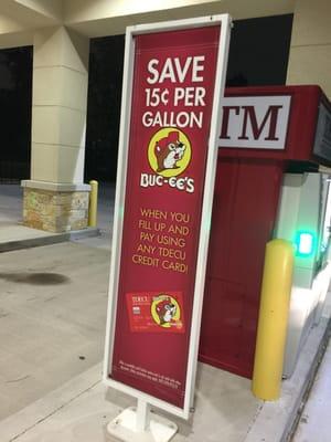 Save 15 cents a gallon with your TDECU credit card when you fill up at Buc-ee's!