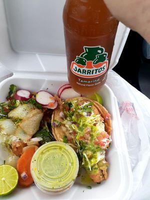 2 fish tacos and tamarindo drink