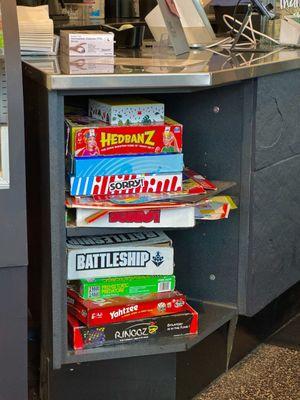 Board games available to play.