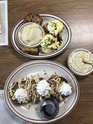 top : chicken and apple sausage egg benedict bottom: banana nut french toast side: stone grits!