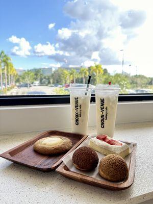 Cream cheese cookie, chocolate choux, matcha choux, and fresh yogurt (drink)