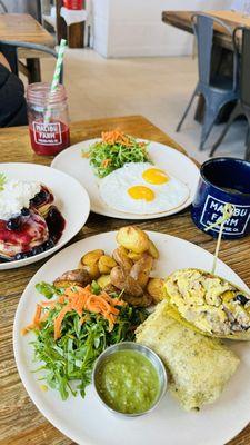 Breakfast burrito, potatoes and Swedish blueberry pancakes.