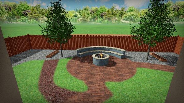 3D Paver seating area, circular paver patio design and walkway, river rock, synthetic grass, flower bed and trees