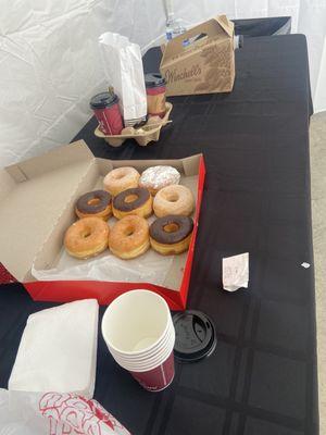 Variety of donuts and hot COFFEE TO GO