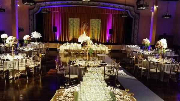 A beautiful picture of our uplighting & video monogram in action during 2017 at Sofia & Christopher's Wedding at The Prado in San Diego, CA!