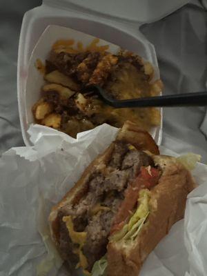 Burger and chili cheese fries