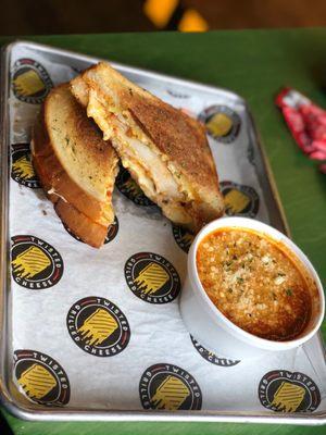 Buffalo chicken sandwich with tomato basil soup