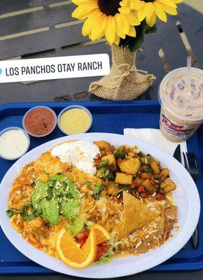 Chilaquiles paired with a iced cold brew from Ryan Bros