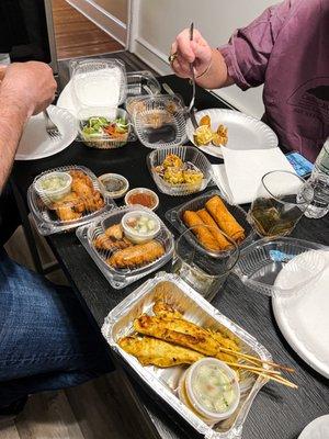 Chicken Satay, curry puffs, spring rolls